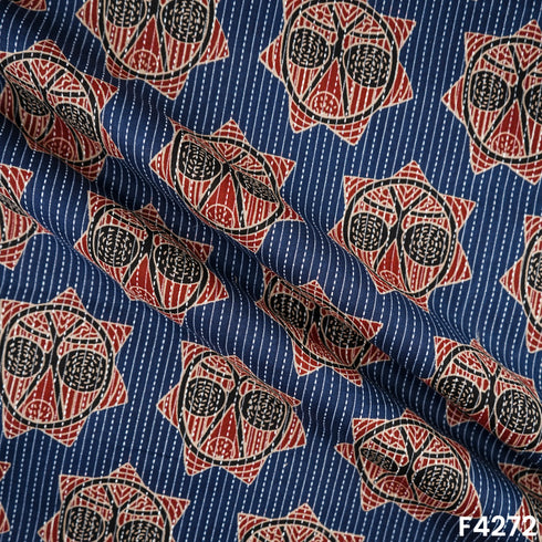 Indigo Print Kantha Work Cambric Cotton Fabric- F4272